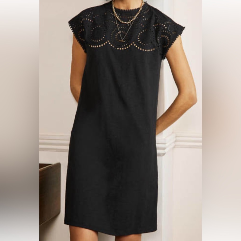 Black tee shirt dress, cap sleeves and cut work detail neckline Boden US 6/UK 10